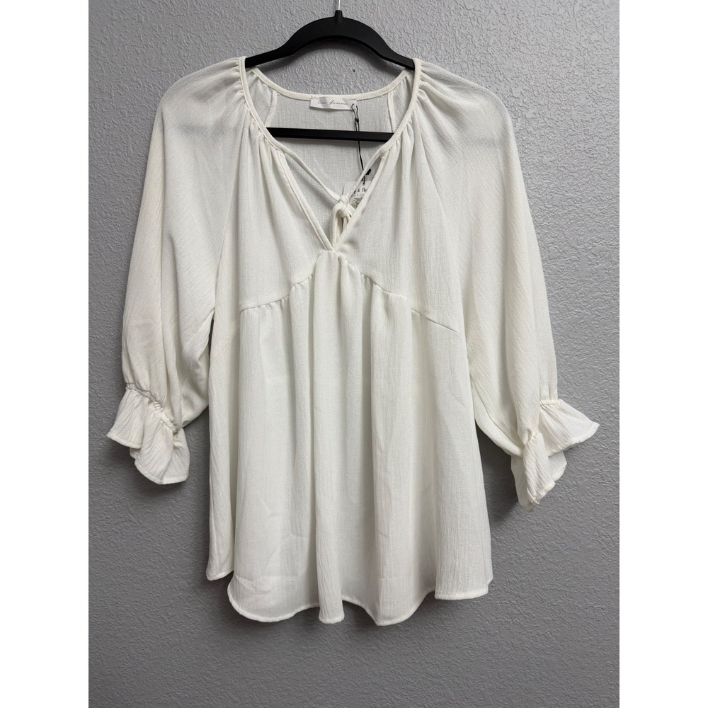 Ces Femme White Babydoll Blouse V-Neck Tie Ruffle Cuff Top Small Boho Gauze